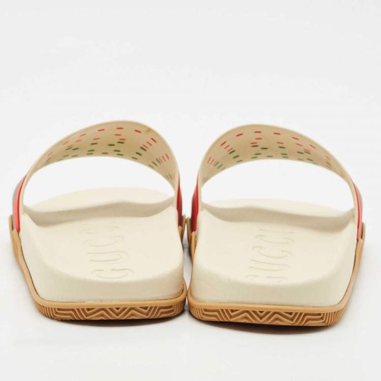 Pre Owned Gucci Multicolor Rubber Web Interlocking G Flat Pool Slides Size 42