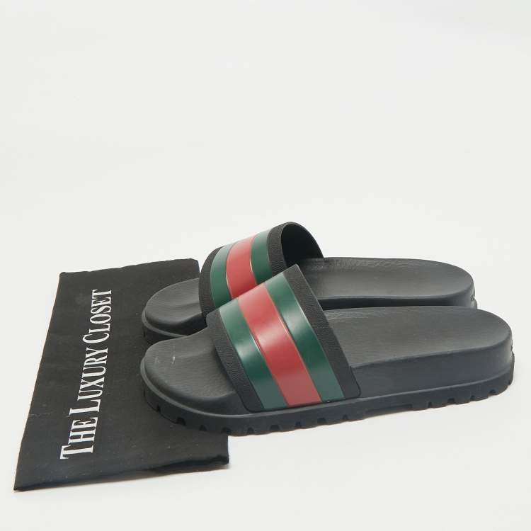 Pre Owned Gucci Black Rubber Pursuit Web Pool Slides Size 41