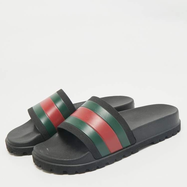Pre Owned Gucci Black Rubber Pursuit Web Pool Slides Size 41