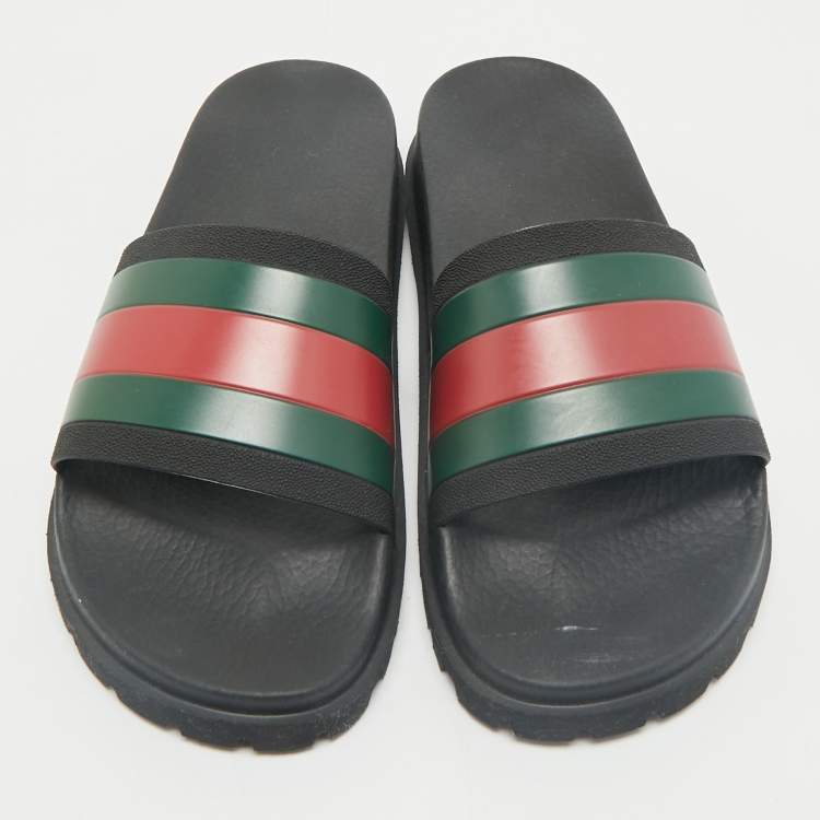 Pre Owned Gucci Black Rubber Pursuit Web Pool Slides Size 41
