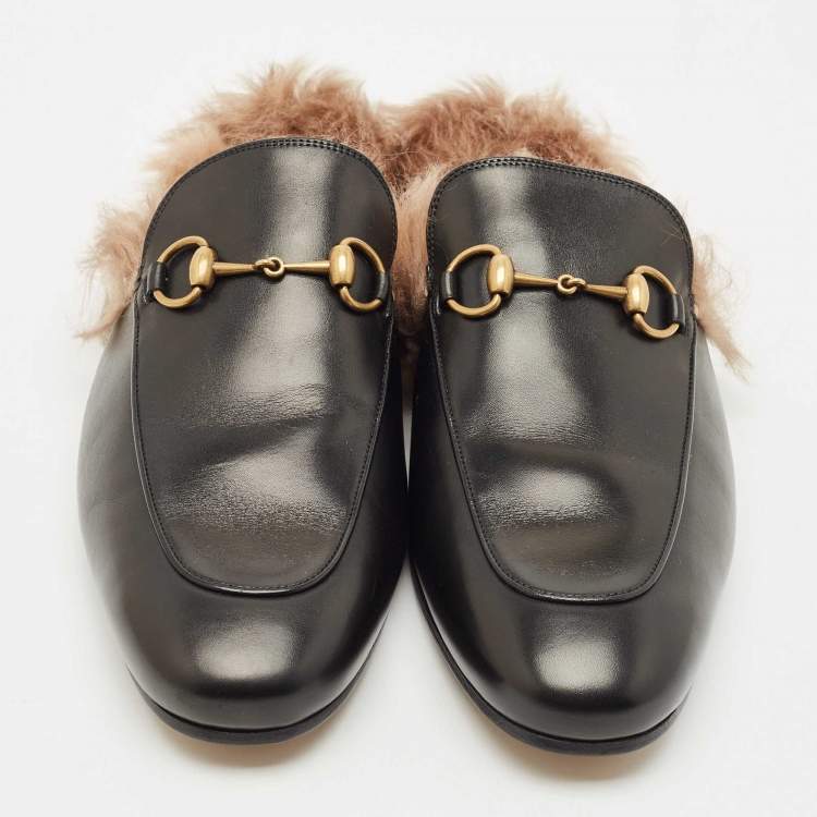 Pre Owned Gucci Black Leather and Fur Lined Princetown Flat Mules Size 44.5