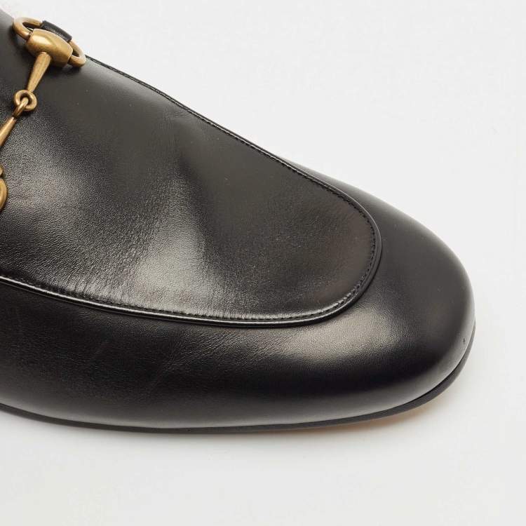 Pre Owned Gucci Black Leather and Fur Lined Princetown Flat Mules Size 44.5