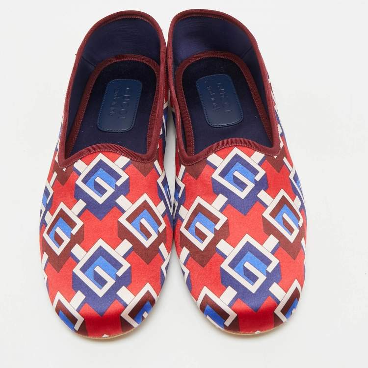 Pre Owned Gucci Red/Blue Geometric G Print Satin Smoking Slippers Size 45