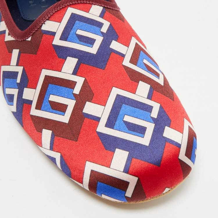 Pre Owned Gucci Red/Blue Geometric G Print Satin Smoking Slippers Size 45