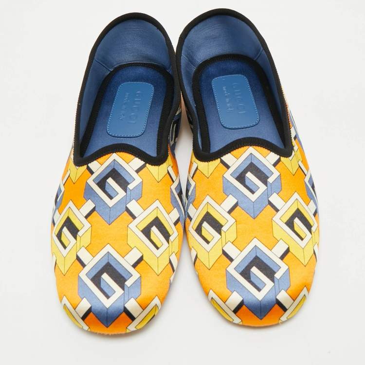 Pre Owned Gucci Orange/Blue Geometric G Print Satin Smoking Slippers Size 42