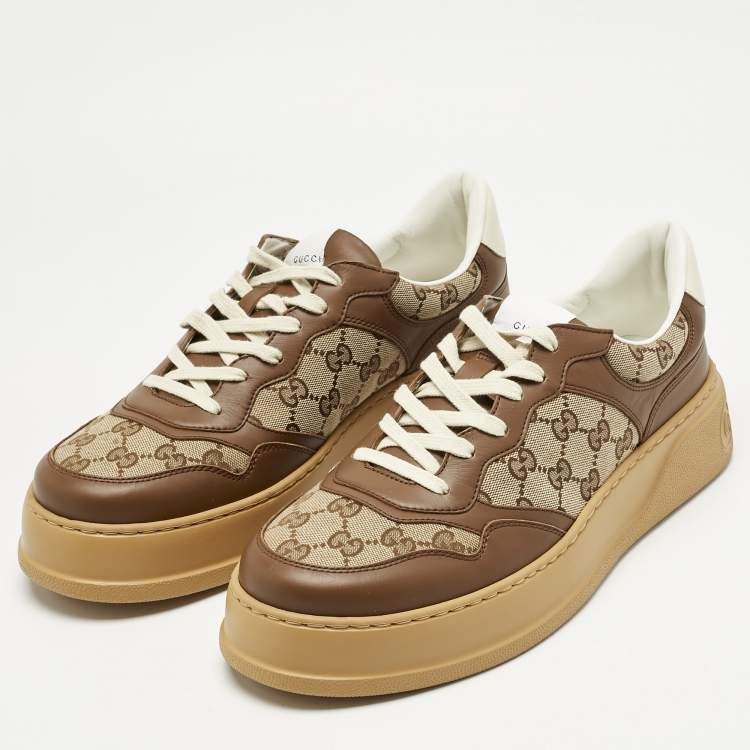 Pre Owned Gucci Beige/Brown GG Canvas and Leather Chunky B Sneakers Size 44.5