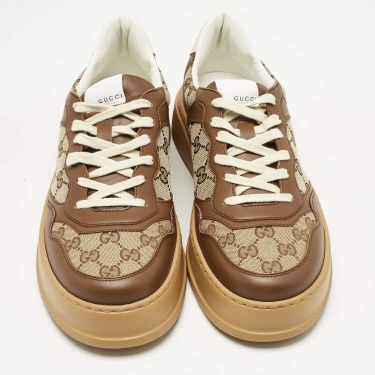 Pre Owned Gucci Beige/Brown GG Canvas and Leather Chunky B Sneakers Size 44.5