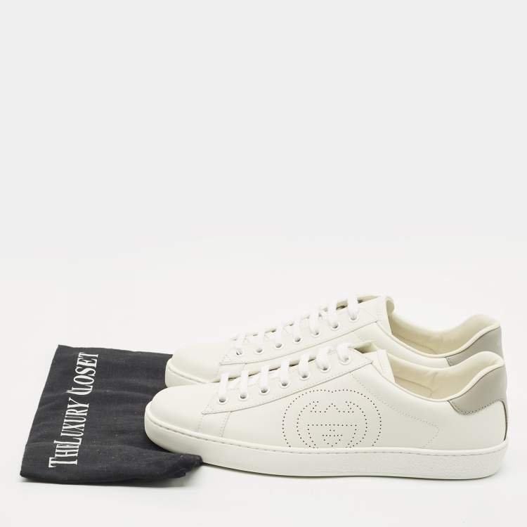 Pre Owned Gucci White Perforated Interlocking G Leather Ace Sneakers Size 42