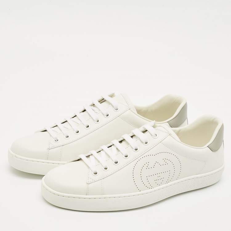 Pre Owned Gucci White Perforated Interlocking G Leather Ace Sneakers Size 42
