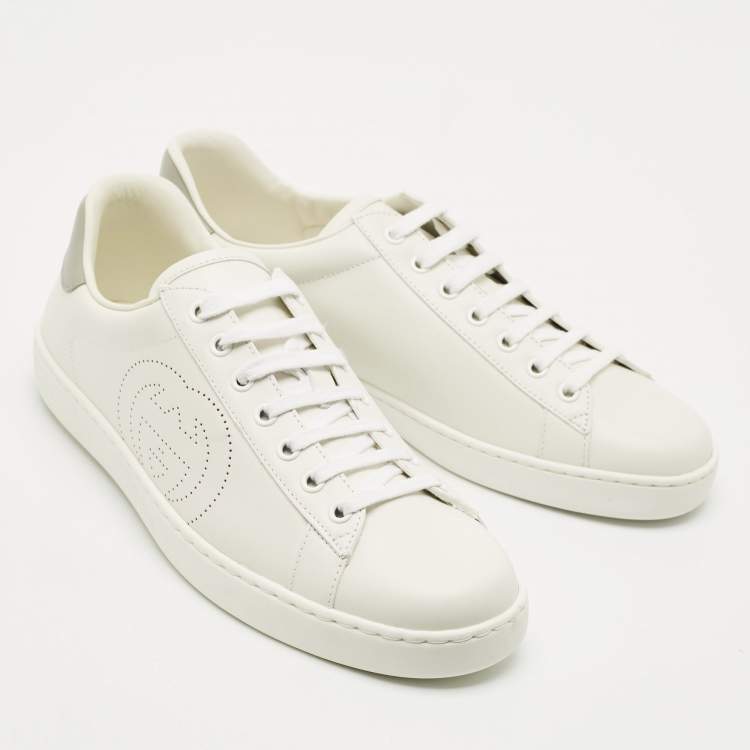 Pre Owned Gucci White Perforated Interlocking G Leather Ace Sneakers Size 42