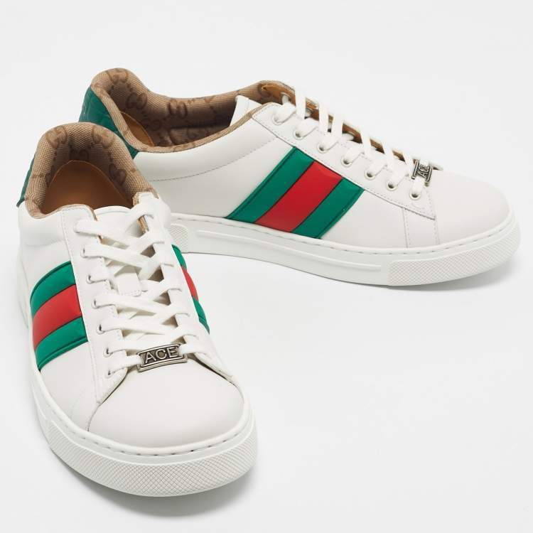 Pre Owned Gucci White Leather Web Detail Ace Sneakers Size 42.5