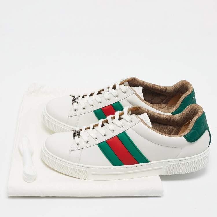 Pre Owned Gucci White Leather Web Detail Ace Sneakers Size 42.5
