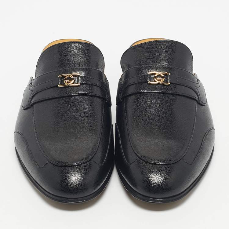 Pre Owned Gucci Black Leather Interlocking G Flat Mules Size 41.5