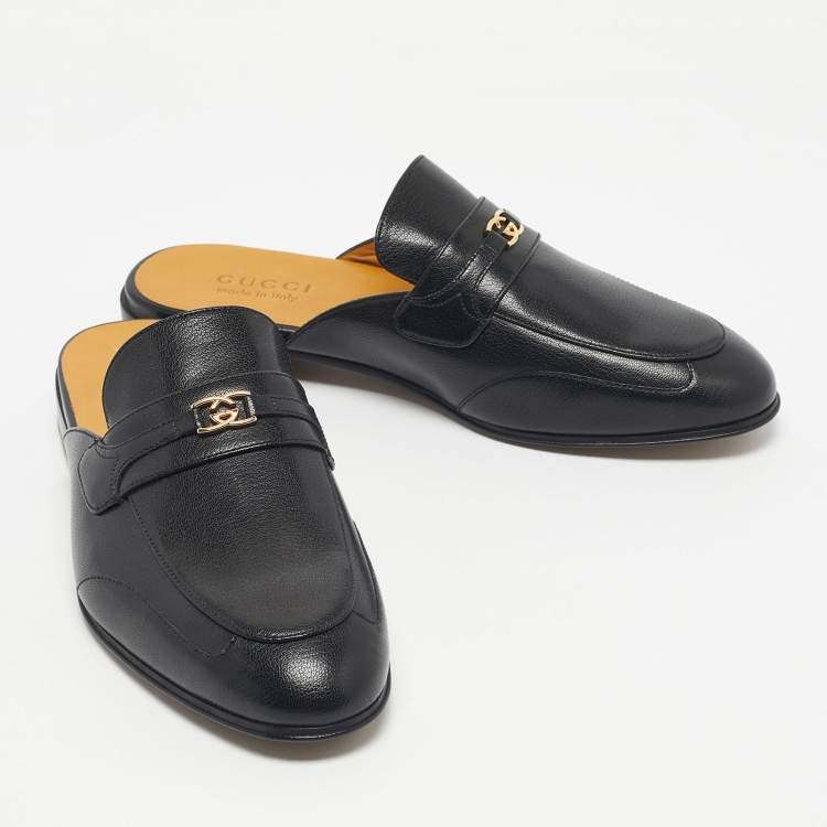 Pre Owned Gucci Black Leather Interlocking G Flat Mules Size 41.5