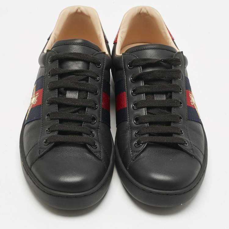 Pre Owned Gucci Black Leather and Snakeskin Embossed Leather Ace Lace Up Sneakers Size 38.5