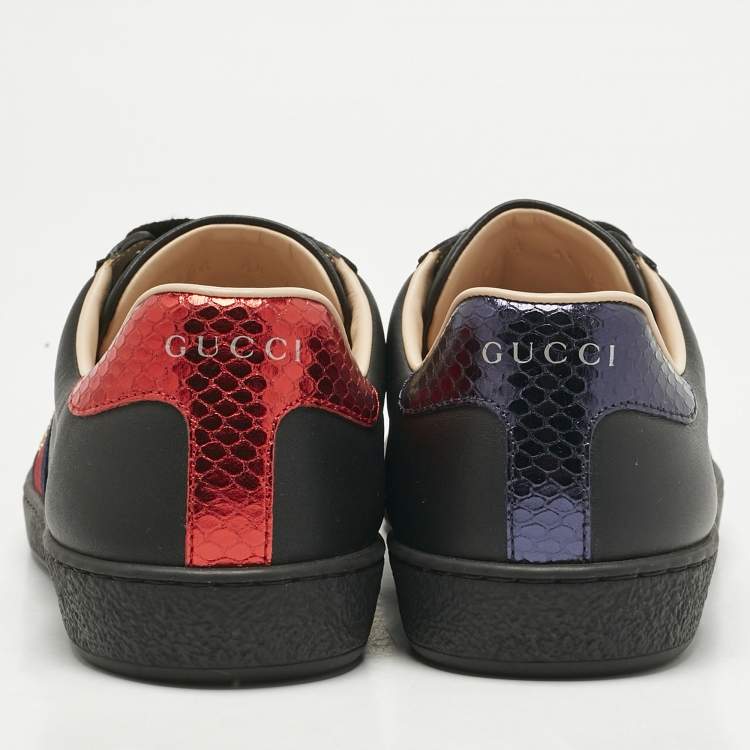 Pre Owned Gucci Black Leather and Snakeskin Embossed Leather Ace Lace Up Sneakers Size 38.5