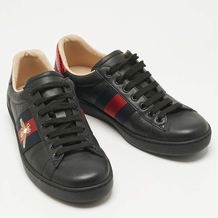 Pre Owned Gucci Black Leather and Snakeskin Embossed Leather Ace Lace Up Sneakers Size 38.5