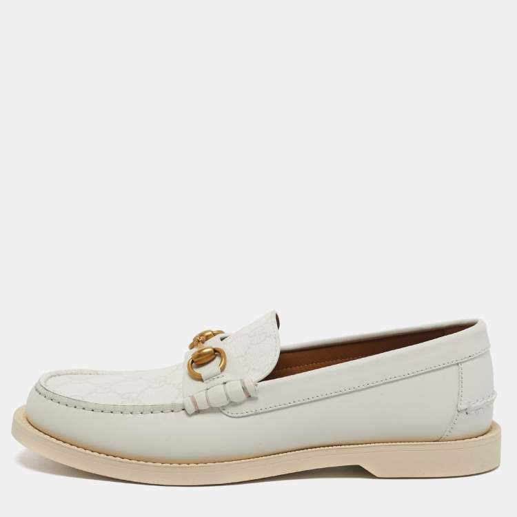 Pre Owned Gucci White GG Supreme Canvas and Leather Horsebit Loafers Size 41