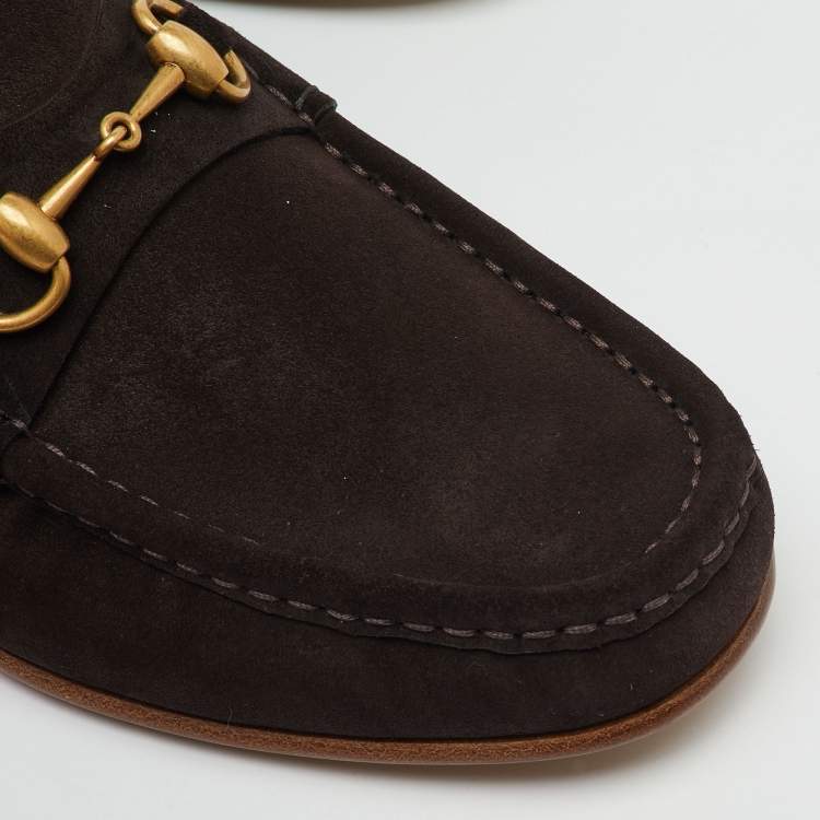 Pre Owned Gucci Dark Brown Suede Horsebit Slip On Loafers Size 43