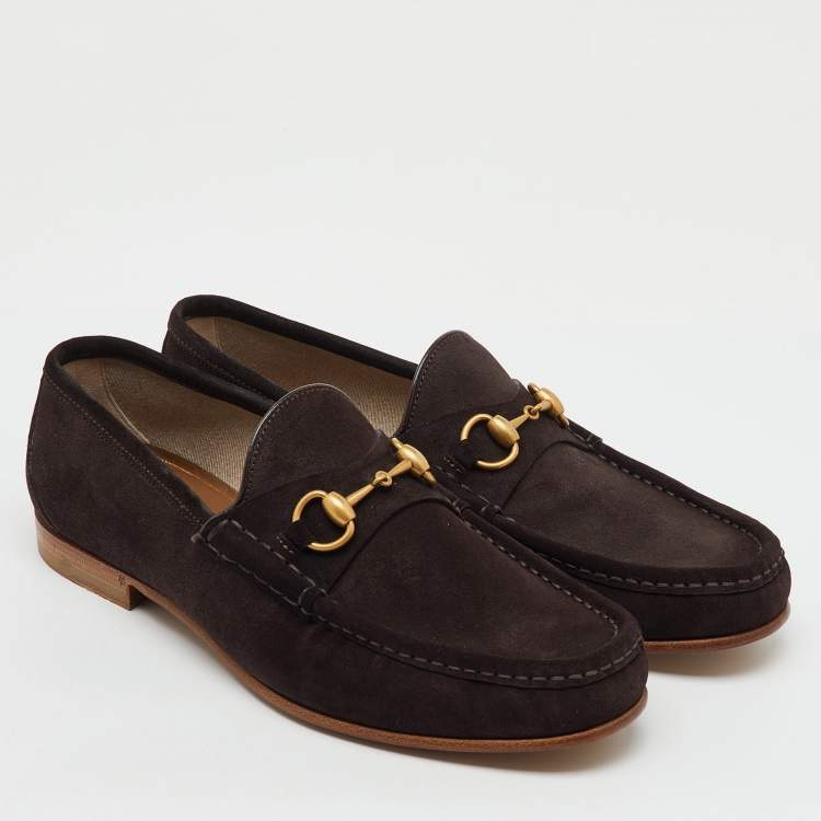 Pre Owned Gucci Dark Brown Suede Horsebit Slip On Loafers Size 43