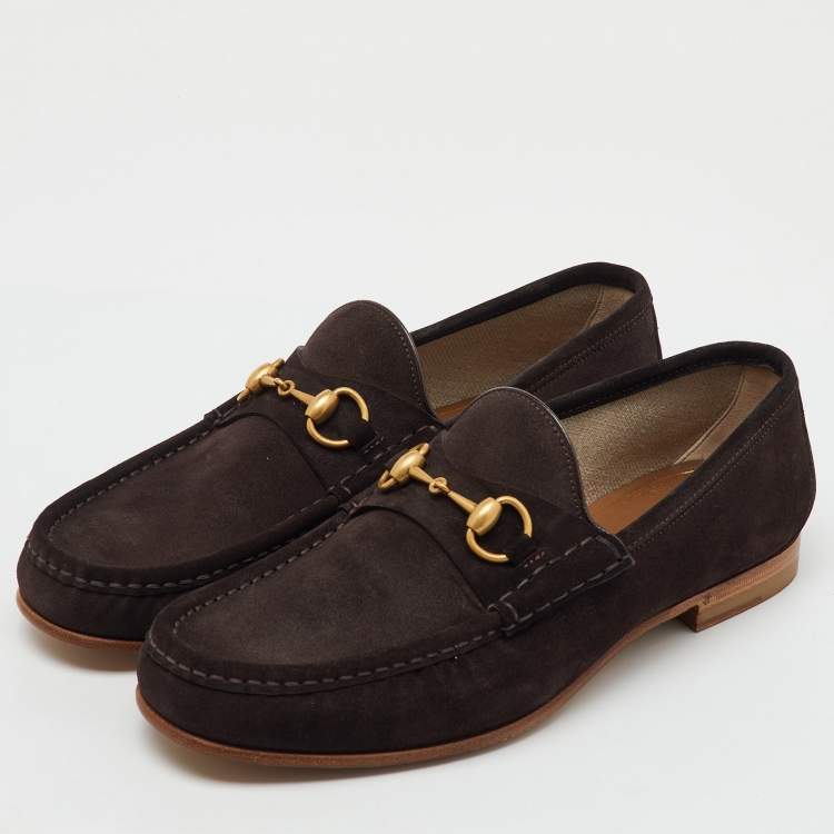Pre Owned Gucci Dark Brown Suede Horsebit Slip On Loafers Size 43