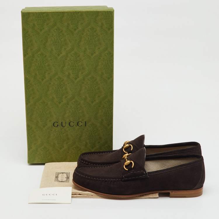 Pre Owned Gucci Dark Brown Suede Horsebit Slip On Loafers Size 43