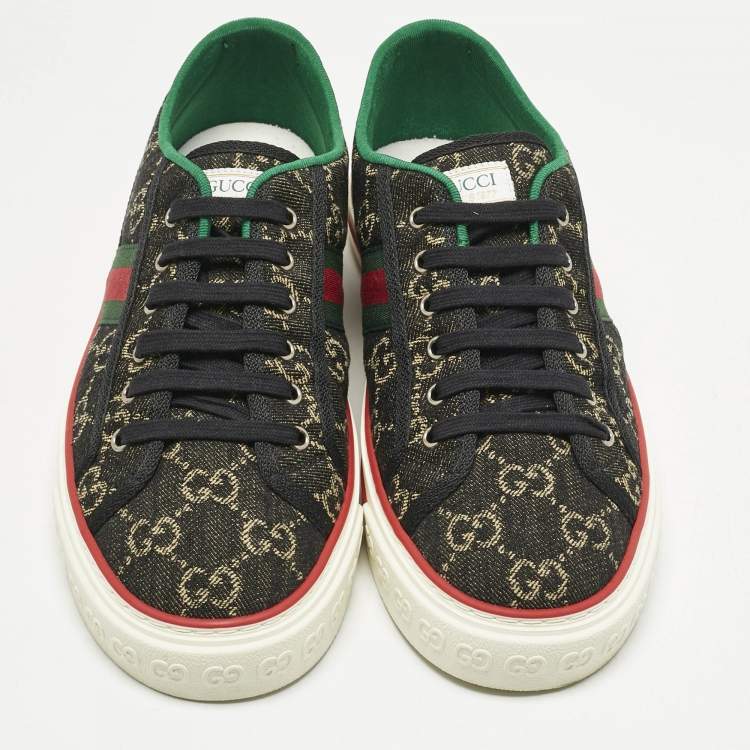 Pre Owned Gucci Black/Ivory GG Jacquard Denim Tennis 1977 Sneakers Size 43