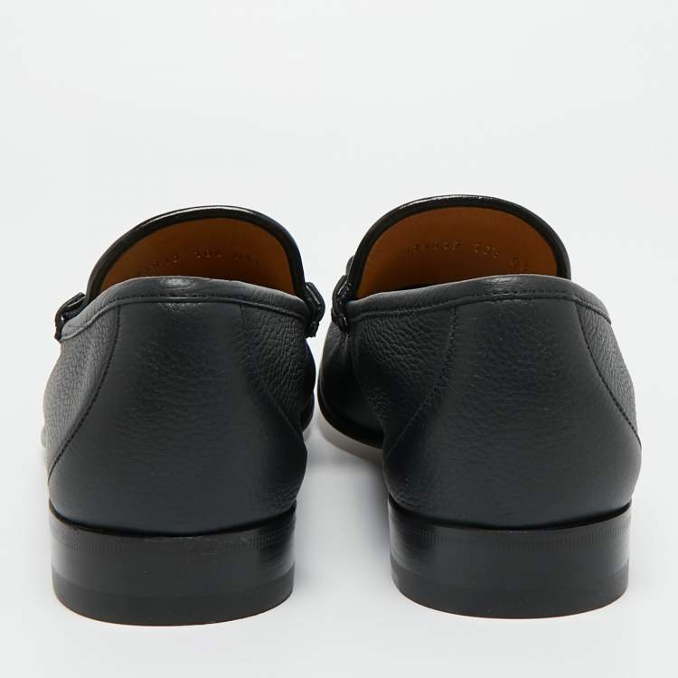 Pre Owned Gucci Black Leather Horsebit Web Loafers Size 44.5