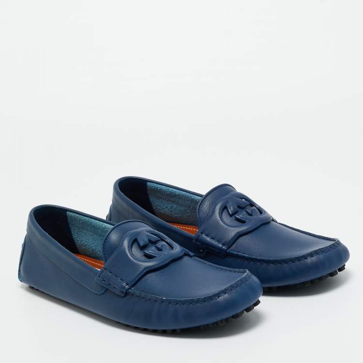 Pre Owned Gucci Blue Leather Interlocking G Loafers Size 43.5