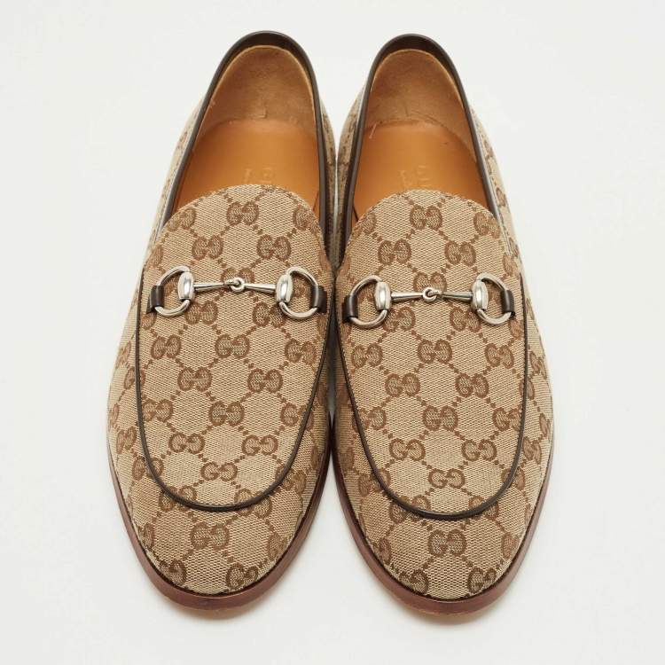 Pre Owned Gucci Beige/Brown GG Canvas Jordaan Horsebit Loafers Size 44