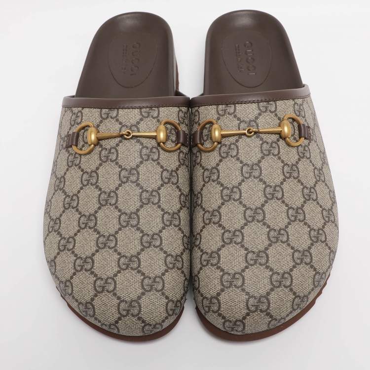 Pre Owned Gucci Beige Coated Canvas Horsebit Slippers Size 46