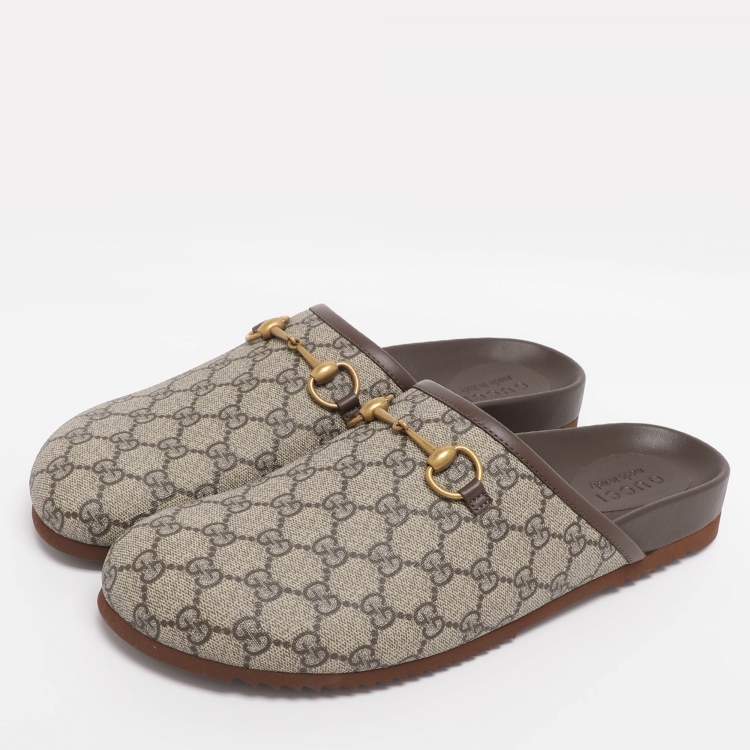 Pre Owned Gucci Beige Coated Canvas Horsebit Slippers Size 46