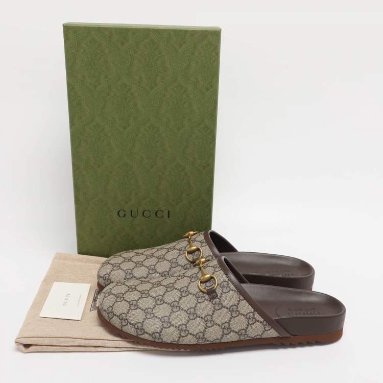 Pre Owned Gucci Beige Coated Canvas Horsebit Slippers Size 46
