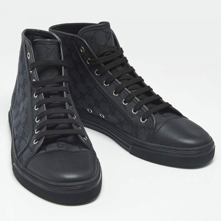 Pre Owned Gucci Black/Navy Blue GG Supreme Canvas And Leather Brooklyn High Top Sneakers Size 43