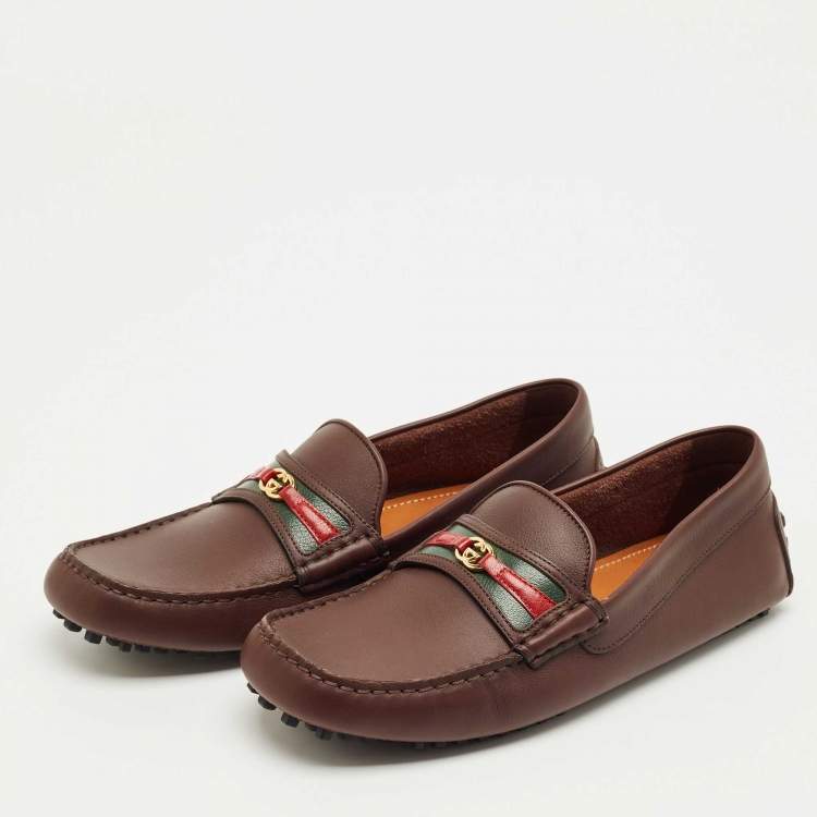 Pre Owned Gucci Brown Leather GG Interlock Web Detail Loafers Size 40