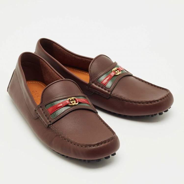 Pre Owned Gucci Brown Leather GG Interlock Web Detail Loafers Size 40