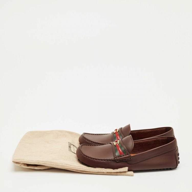 Pre Owned Gucci Brown Leather GG Interlock Web Detail Loafers Size 40