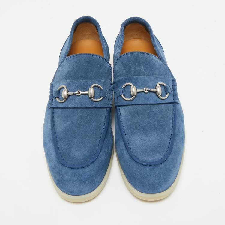 Pre Owned Gucci Blue Suede Horsebit Slip On Loafers Size 42.5