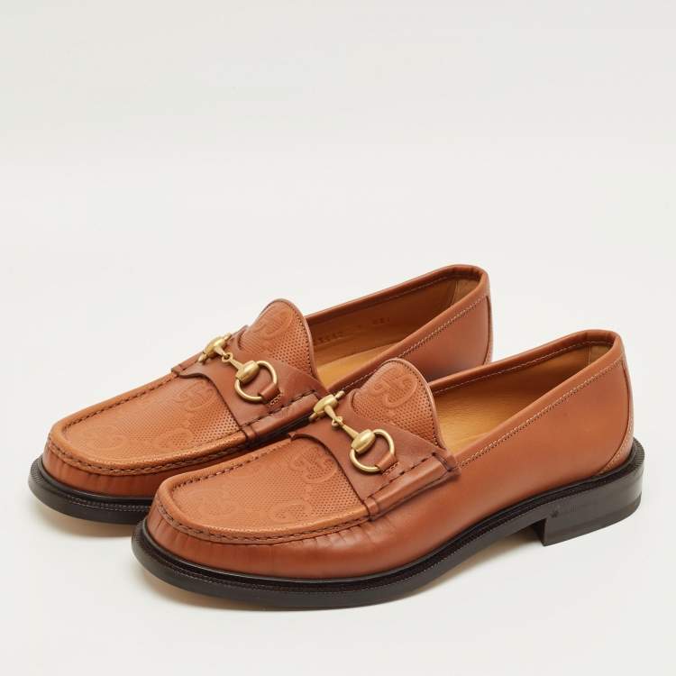 Pre Owned Gucci Brown Leather Horsebit Slip On Loafers Size 42
