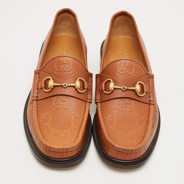 Pre Owned Gucci Brown Leather Horsebit Slip On Loafers Size 42