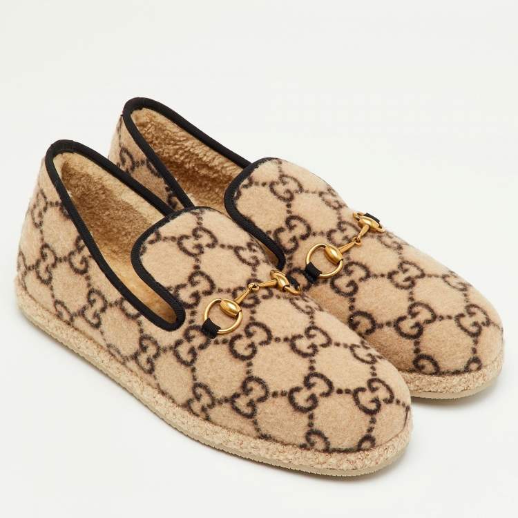 Pre Owned Gucci Fria Horsebit Size 44.5 Beige/Black Wool GG Slip On Loafers