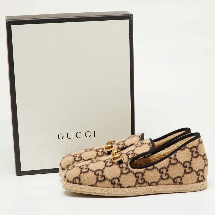 Pre Owned Gucci Fria Horsebit Size 44.5 Beige/Black Wool GG Slip On Loafers