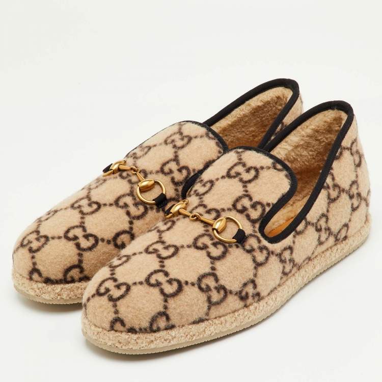 Pre Owned Gucci Fria Horsebit Size 44.5 Beige/Black Wool GG Slip On Loafers