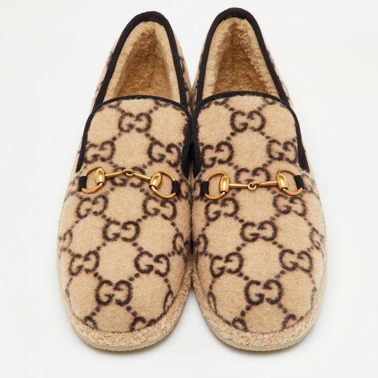 Pre Owned Gucci Fria Horsebit Size 44.5 Beige/Black Wool GG Slip On Loafers