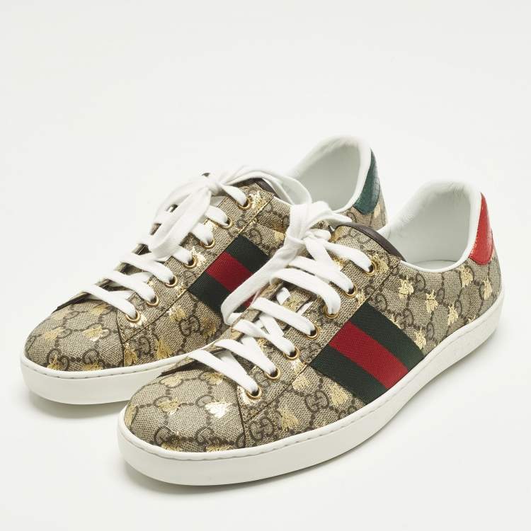 Pre Owned Gucci Ace Size 42.5 Beige Coated Canvas and Python Embossed Leather Low Top Sneakers