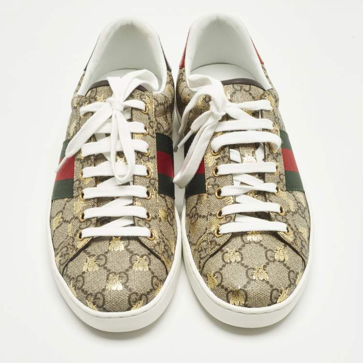 Pre Owned Gucci Ace Size 42.5 Beige Coated Canvas and Python Embossed Leather Low Top Sneakers