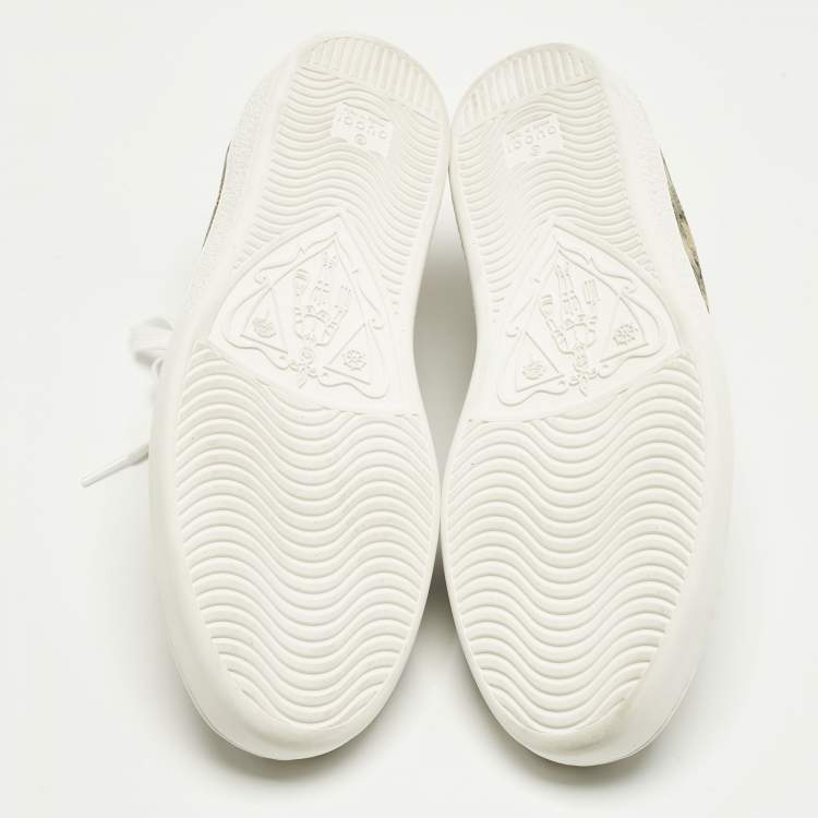Pre Owned Gucci Ace Size 42.5 Beige Coated Canvas and Python Embossed Leather Low Top Sneakers