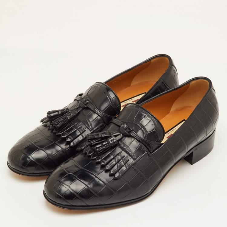 مملوكة مسبقًا Gucci Size 41.5 Black Crocodile Leather Fringe Tassel Slip On Loafers