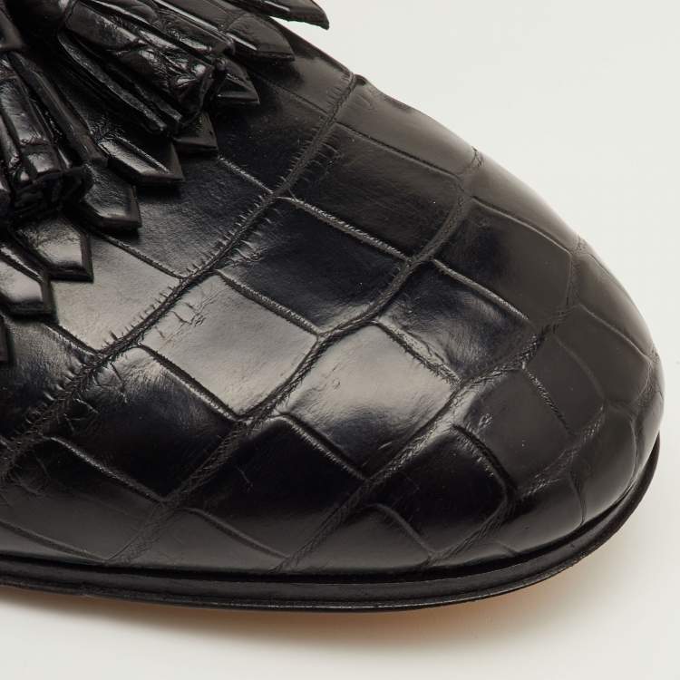 مملوكة مسبقًا Gucci Size 41.5 Black Crocodile Leather Fringe Tassel Slip On Loafers