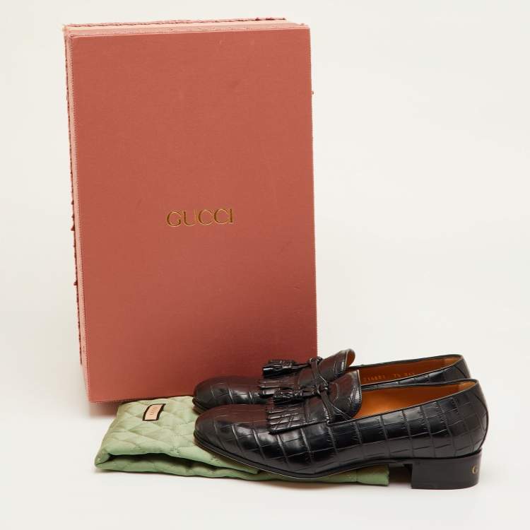 مملوكة مسبقًا Gucci Size 41.5 Black Crocodile Leather Fringe Tassel Slip On Loafers
